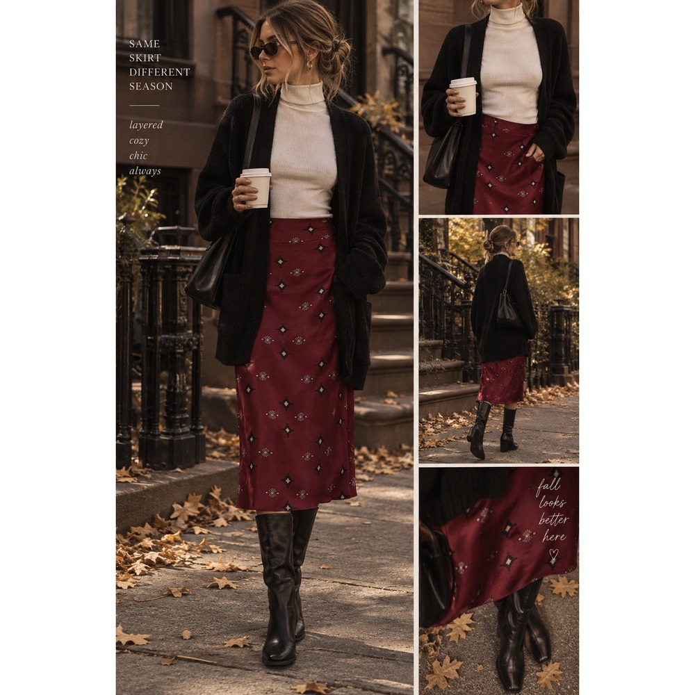 Y2K style floral 90s midi Twik maroon geometric slits sexy date night skirt Med